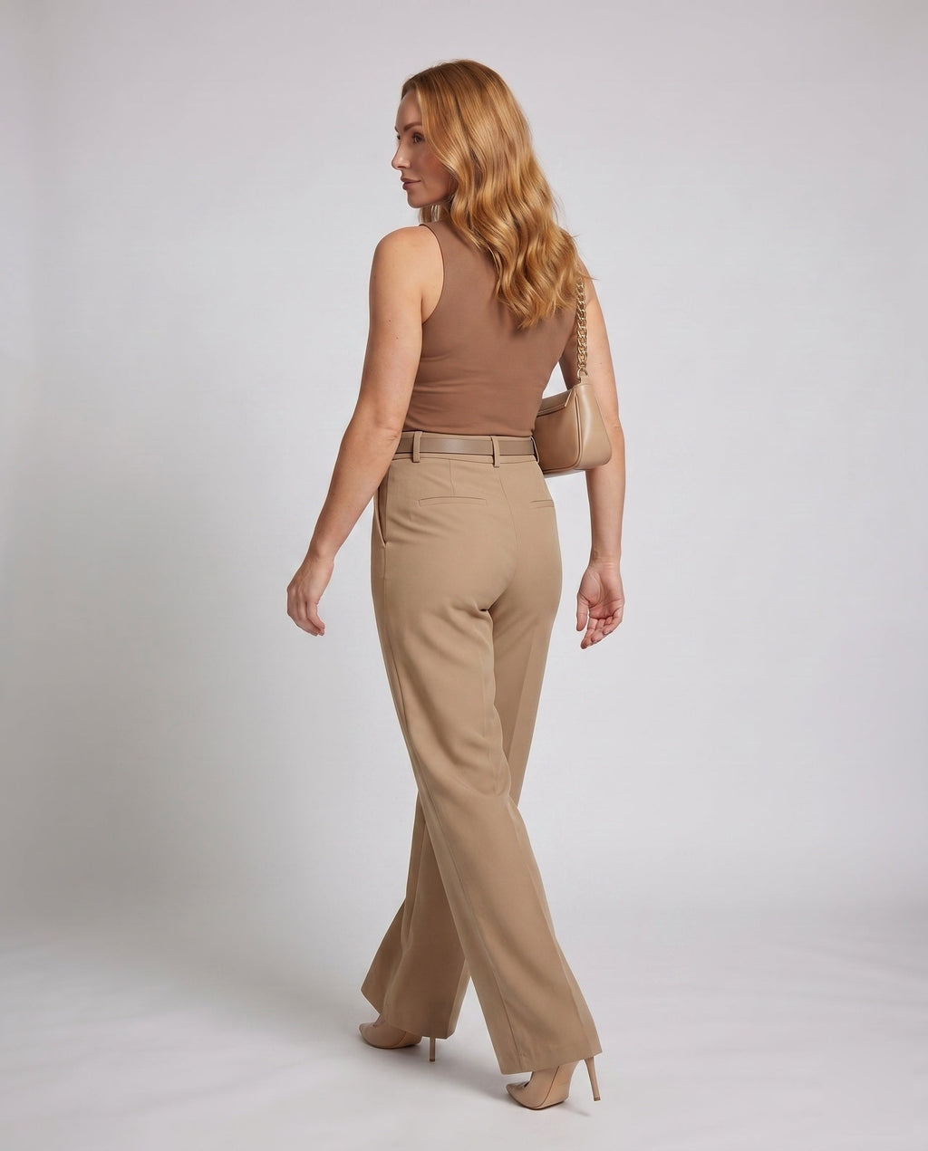 Women's Elegant High-Waisted Pants with Wide Leg and Belt - Back View