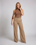 Women's Elegant High-Waisted Pants with Wide Leg and Belt - Front View