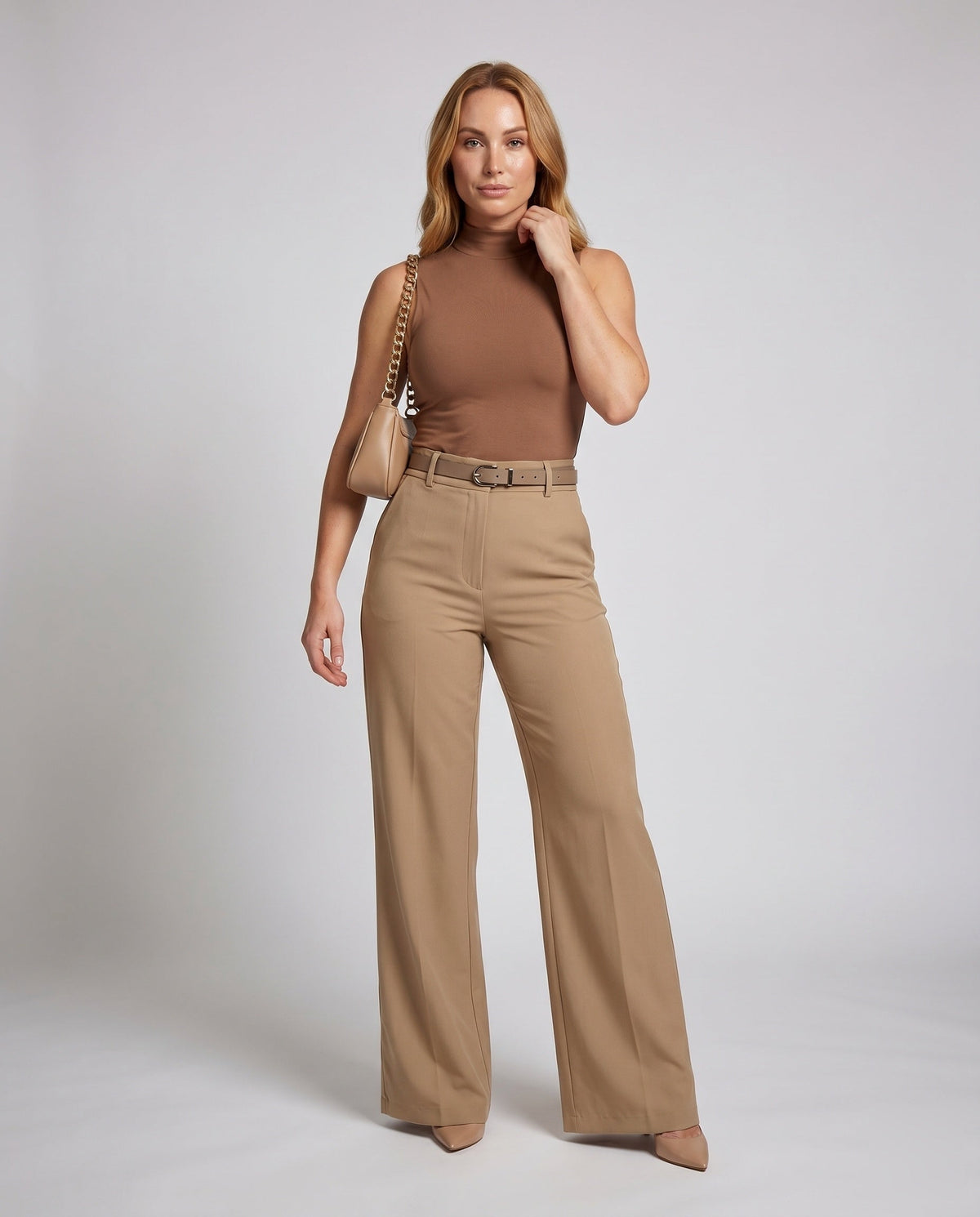 Women's Elegant High-Waisted Pants with Wide Leg and Belt - Front View
