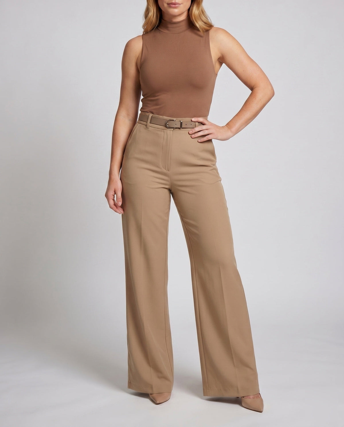 Women's Elegant High-Waisted Pants with Wide Leg and Belt - Lower Body View