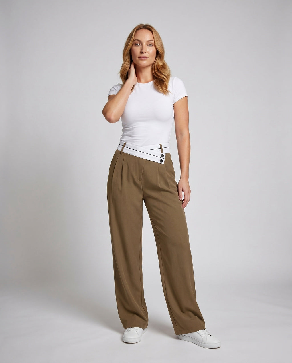 Women's Elegant Tailored Chino Pants with Asymmetric Waistband - Front View