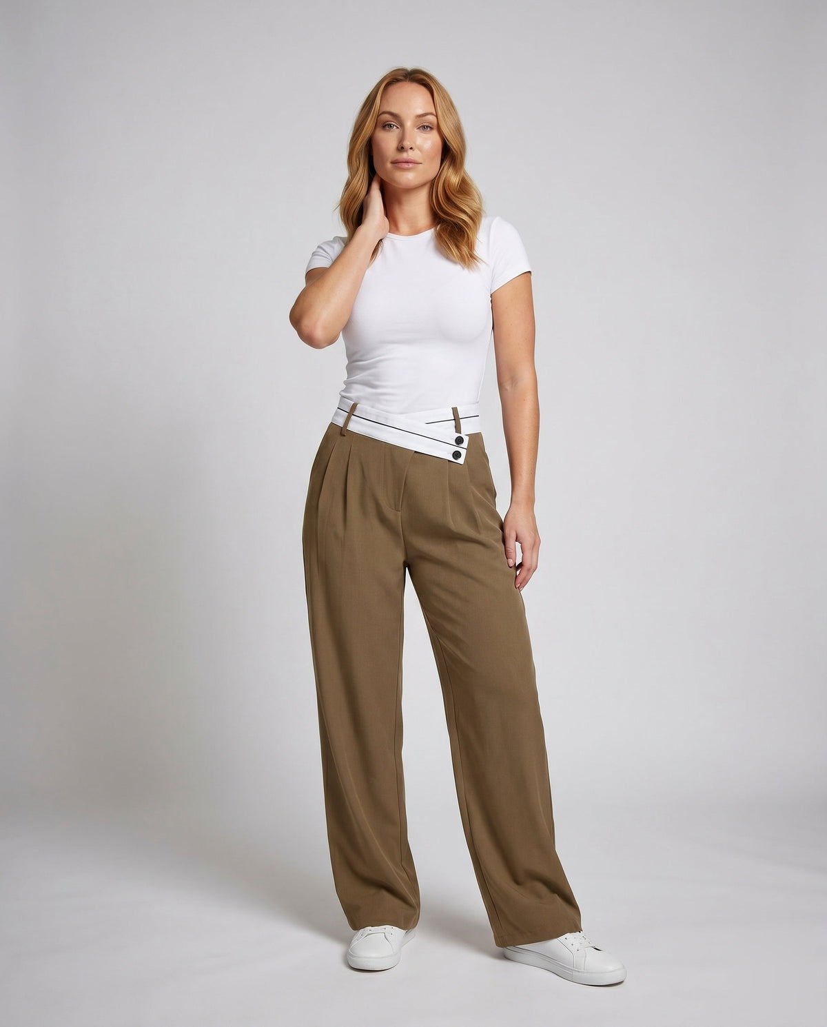 Women's Elegant Tailored Chino Pants with Asymmetric Waistband - Front View
