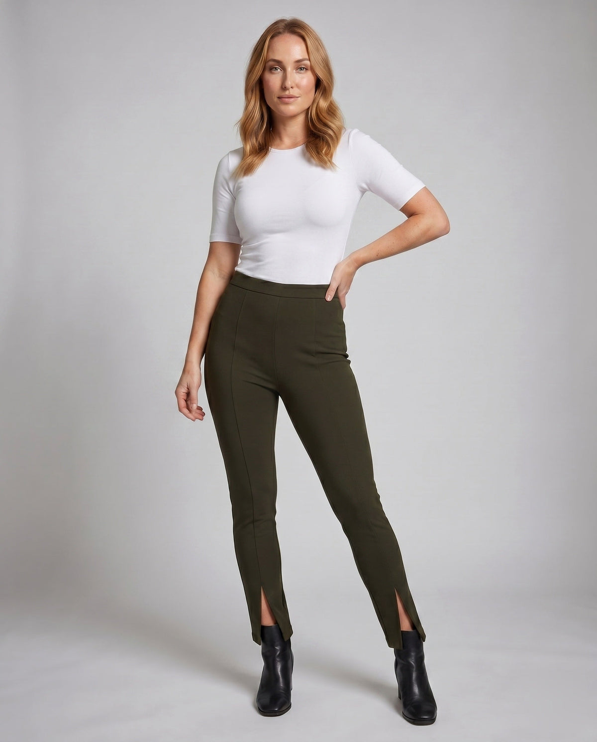 Women's Elegant and Figure-Hugging Trousers with Slit - Lower Body View