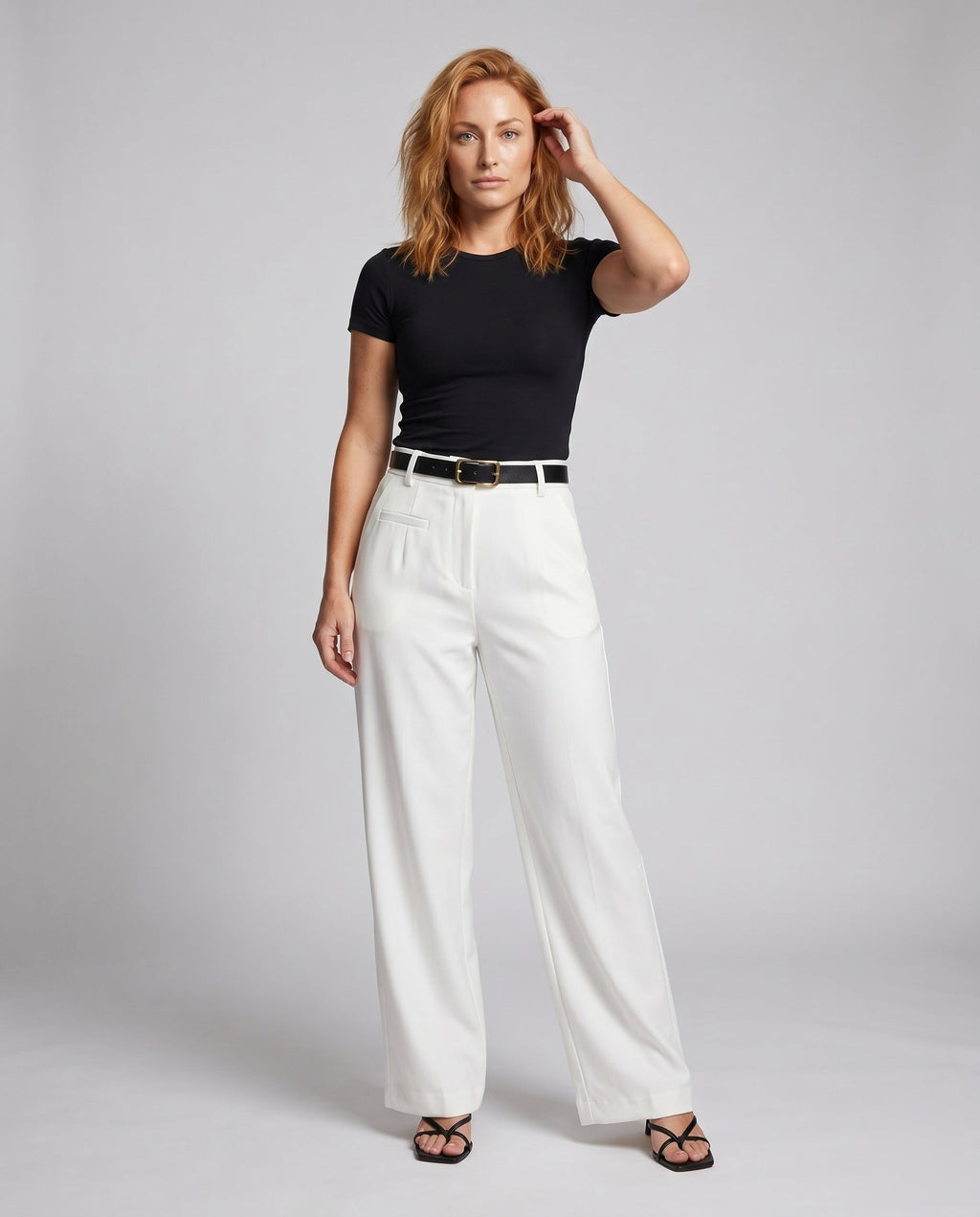 Women's High-Quality Chino Pants with High Waist and Belt - Front View