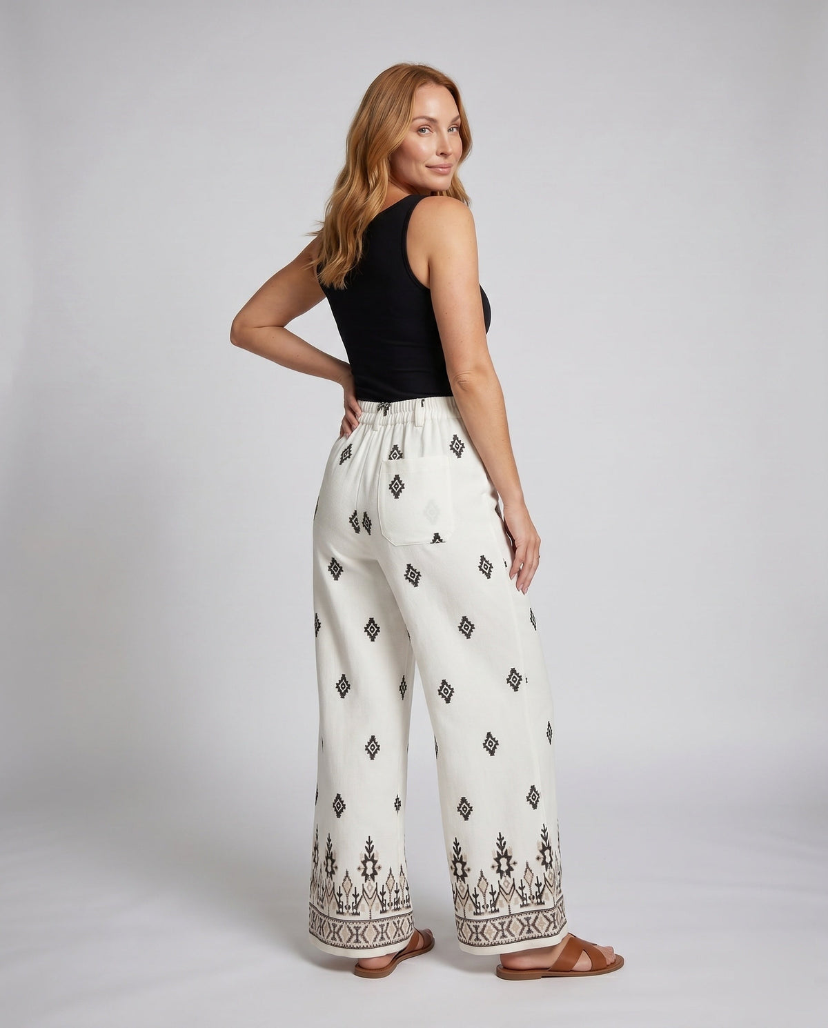 Women's Wide Fabric Trousers with Elegant Boho Pattern - Back View