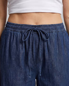 Women's Loose Denim Pants with Casual Cut and Elastic Cuff - Close-Up Detail