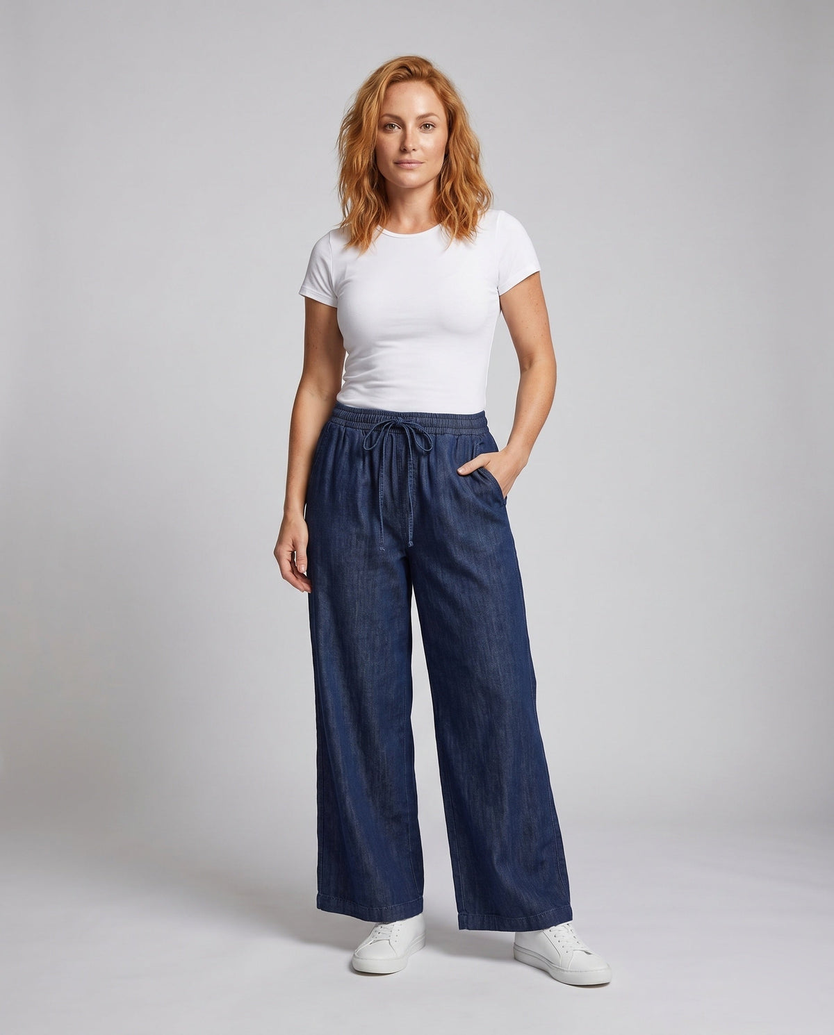 Women's Loose Denim Pants with Casual Cut and Elastic Cuff - Front View