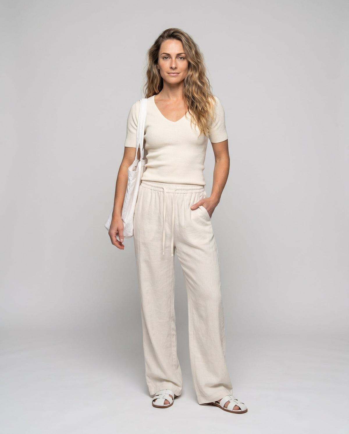 Women's Lightweight Fabric Pants with Elastic Waistband - Front View