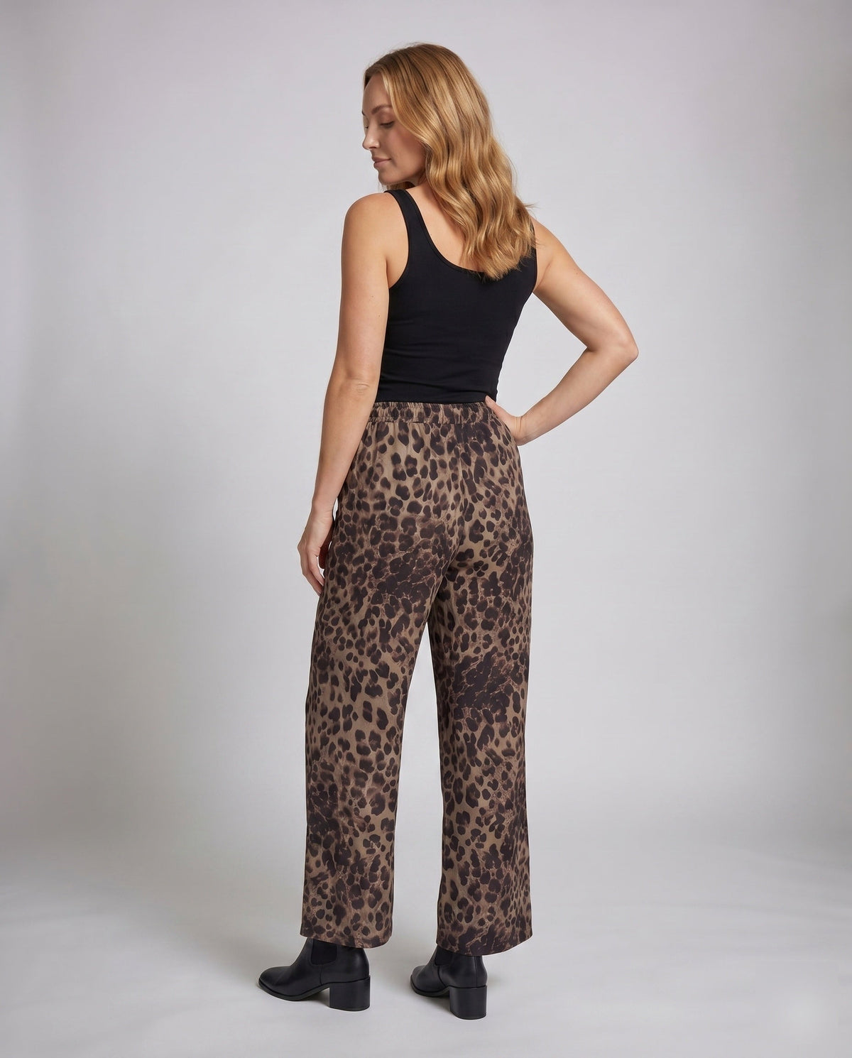 Women's Linen Pants with Fashionable Leopard Print, Elastic Waistband - Back View