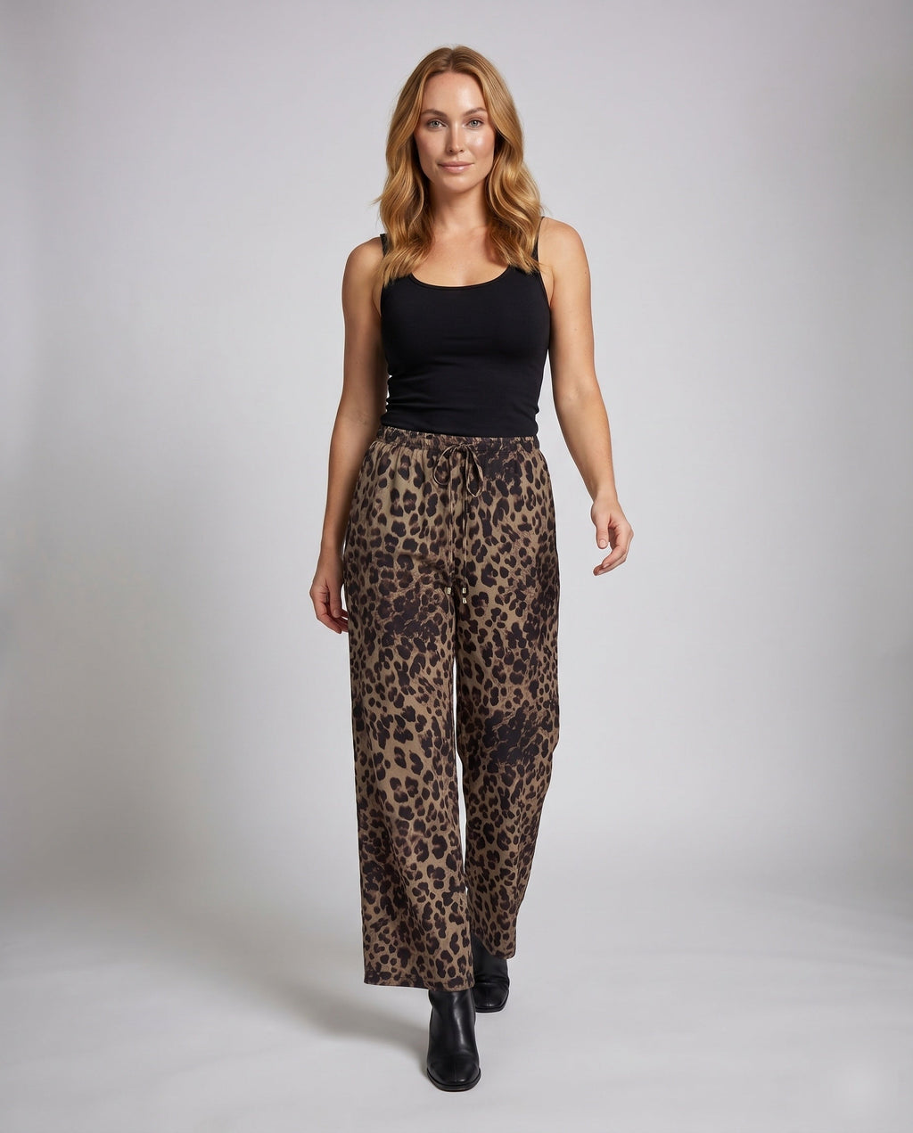 Women's Linen Pants with Fashionable Leopard Print, Elastic Waistband - Front View