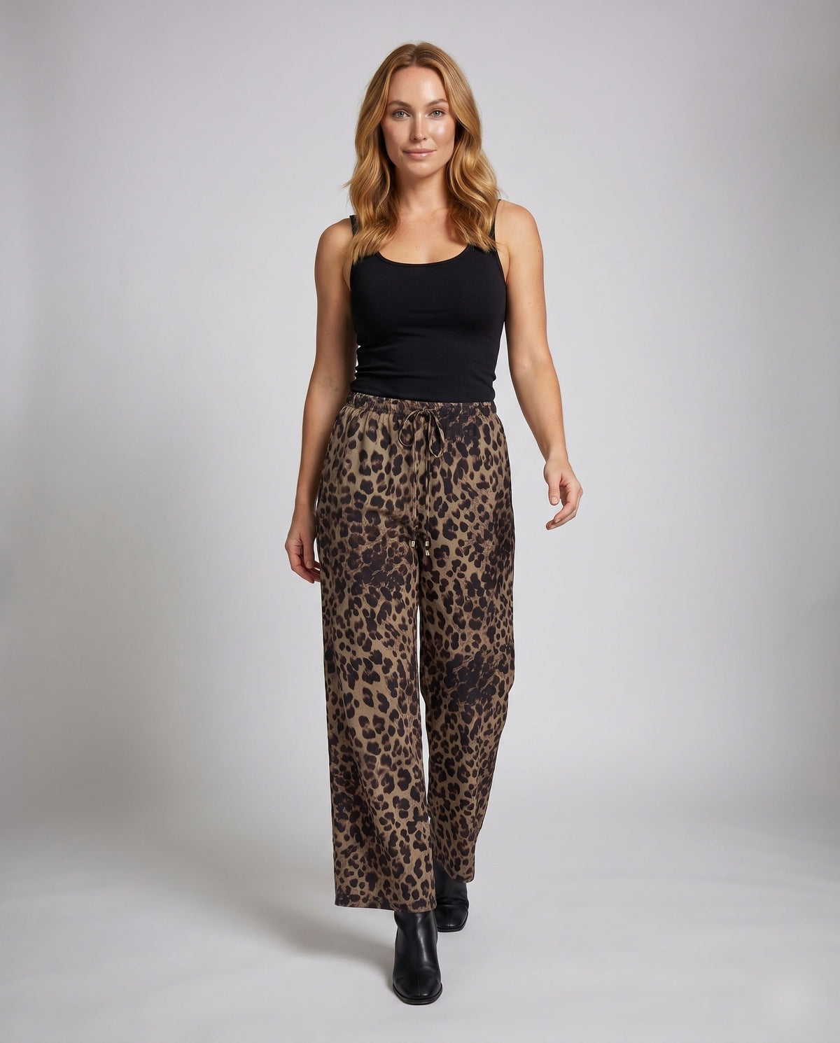 Women's Linen Pants with Fashionable Leopard Print, Elastic Waistband - Front View