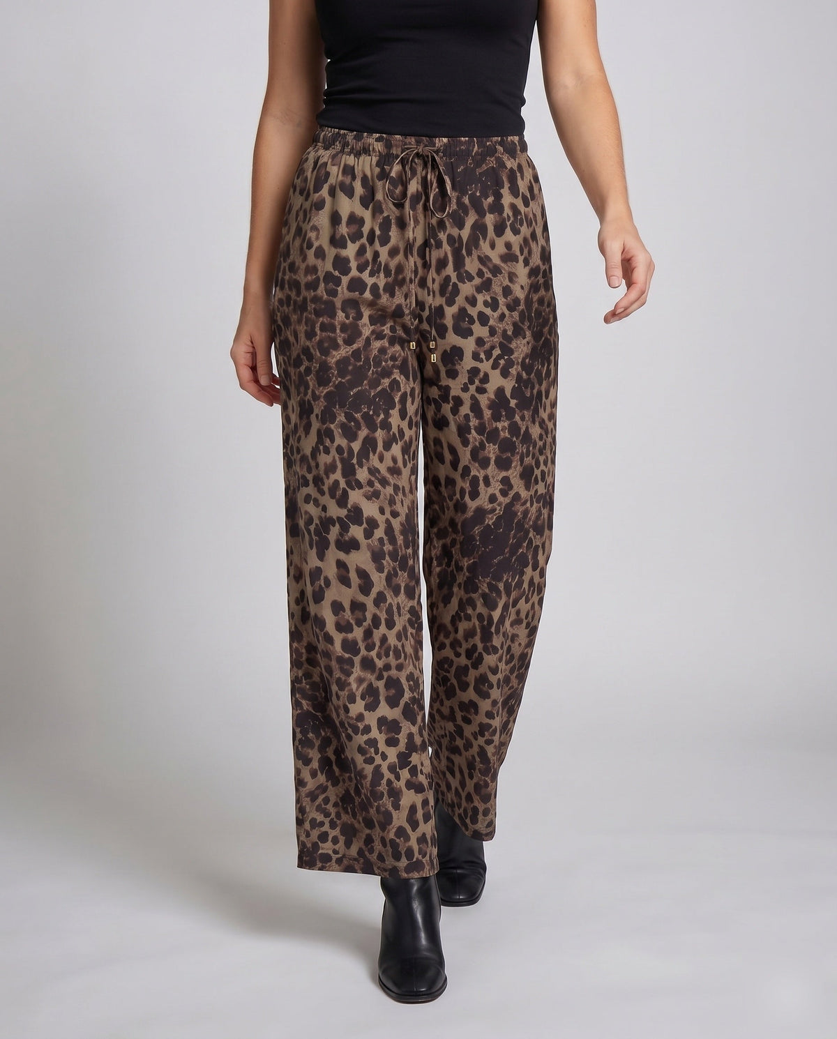 Women's Linen Pants with Fashionable Leopard Print, Elastic Waistband - Lower Body View