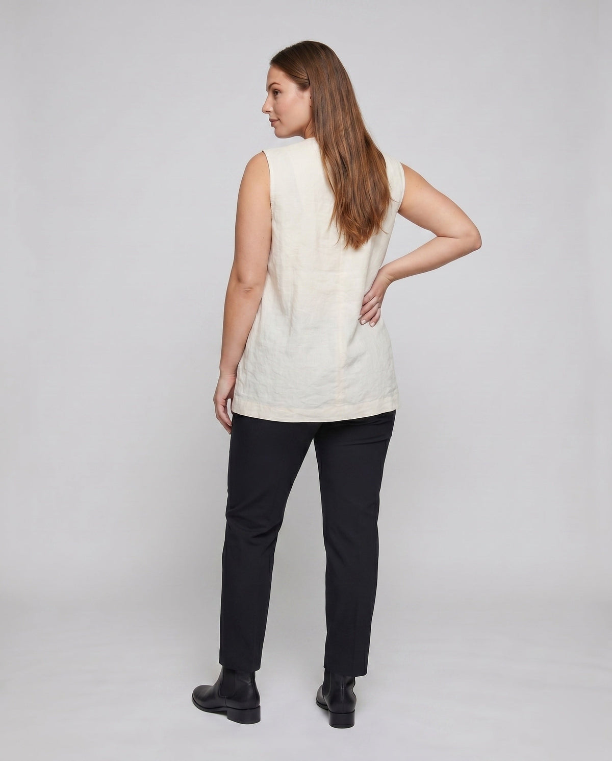 Women's Sleeveless Blouse Shirt with Elegant Cut, Asymmetrical Design - Back View