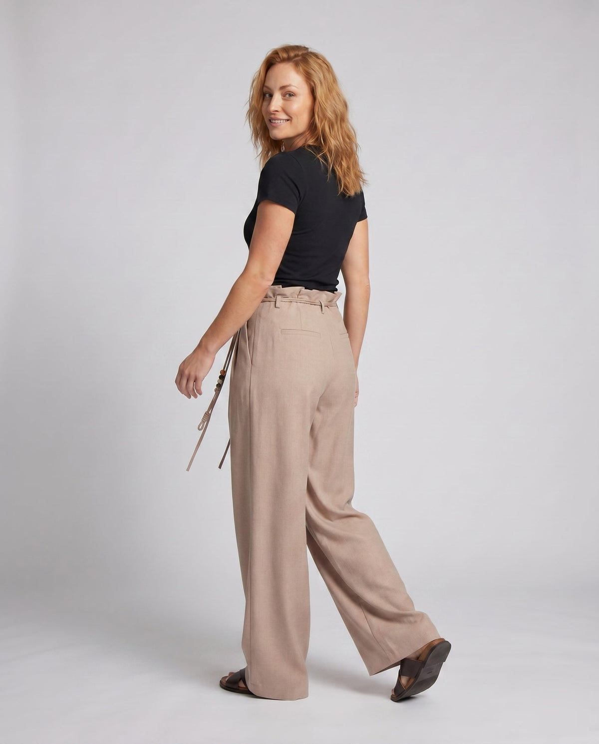Women's Elegant Wide Pants with Decorative Ties - Back View