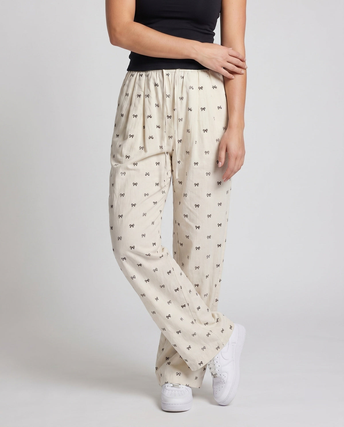 Women's Wide Fabric Pants with Floral Pattern - Lower Body View