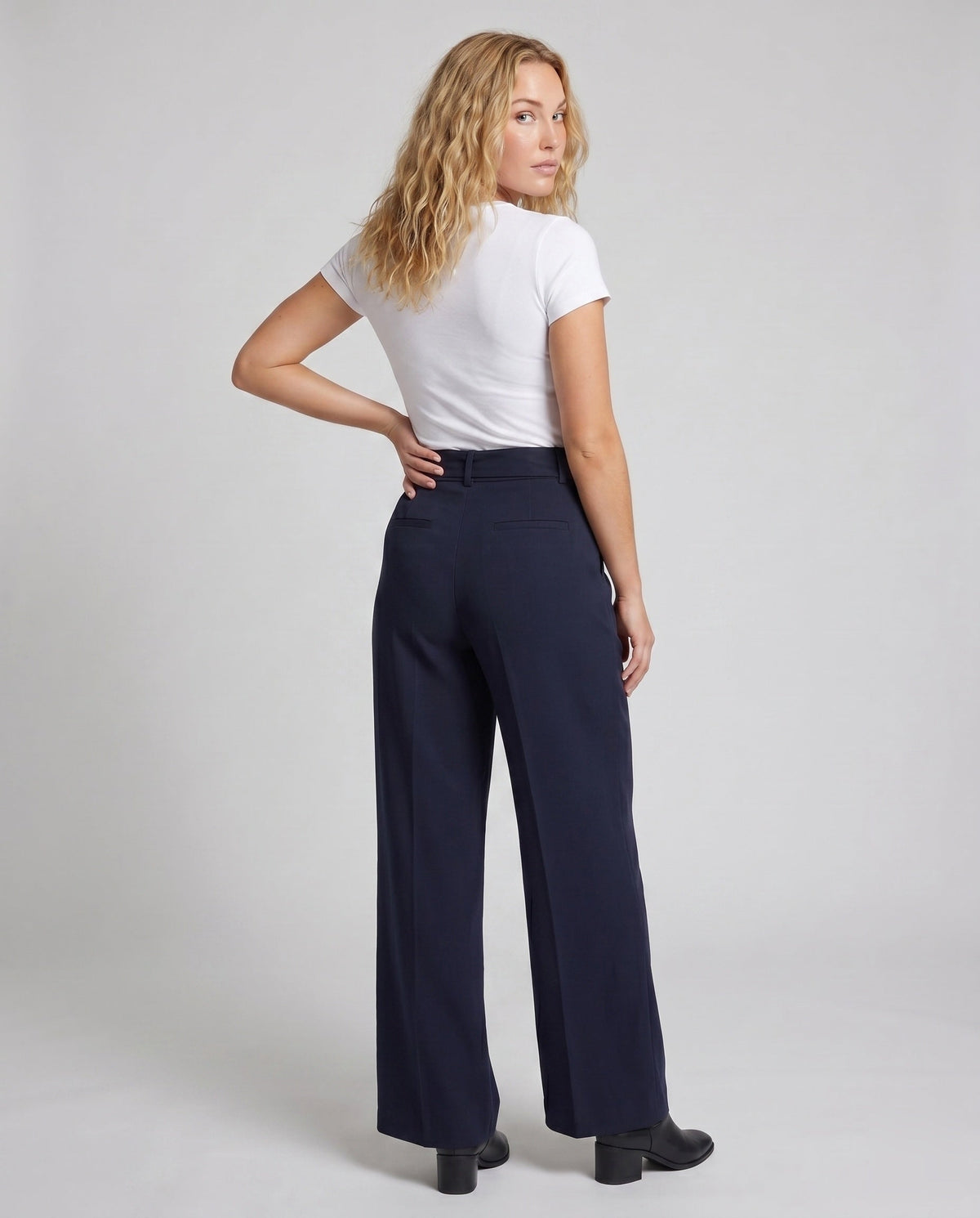 Women's Wide Palazzo Pants with Fashionable Tie Belt - Back View