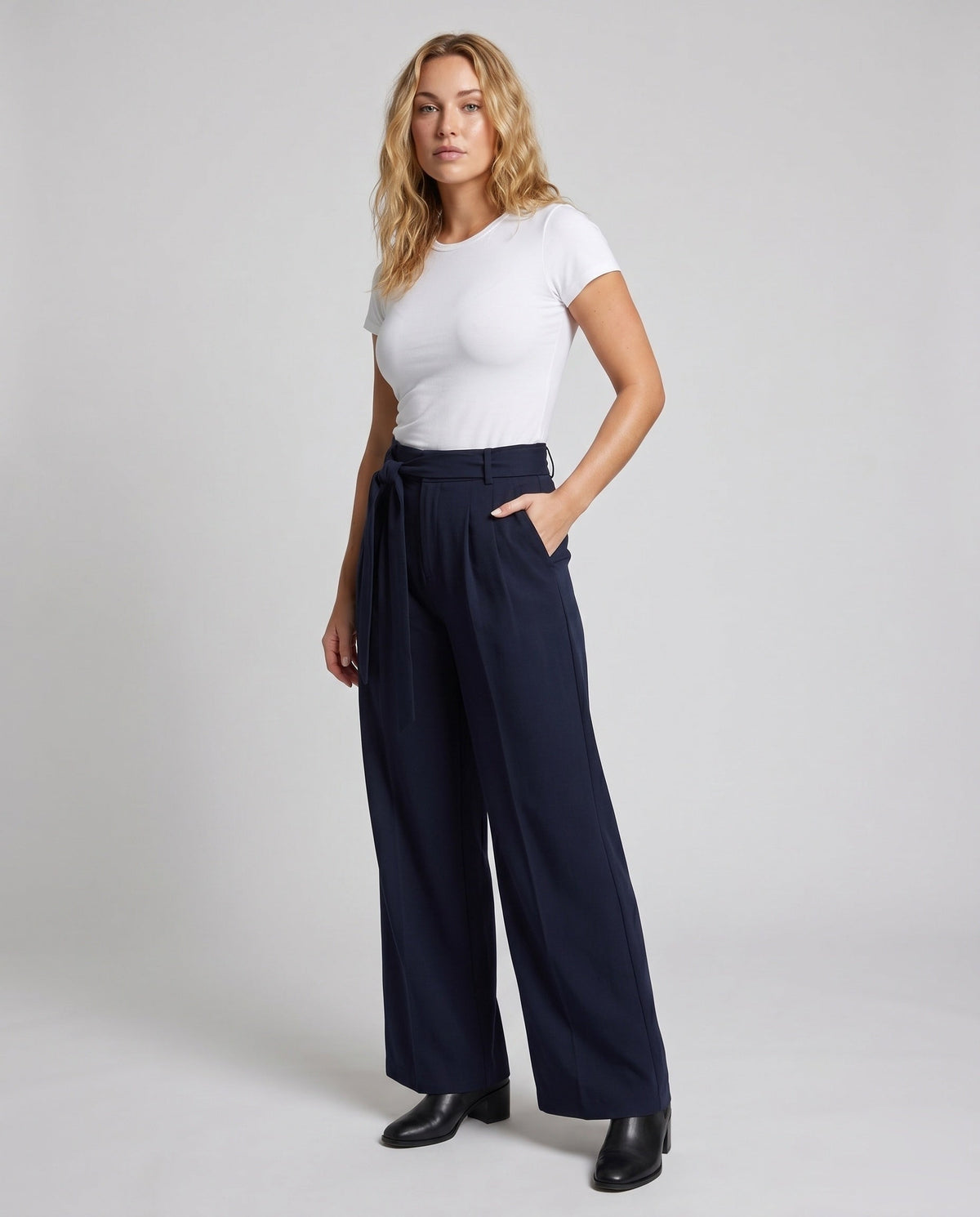 Women's Wide Palazzo Pants with Fashionable Tie Belt - Front View