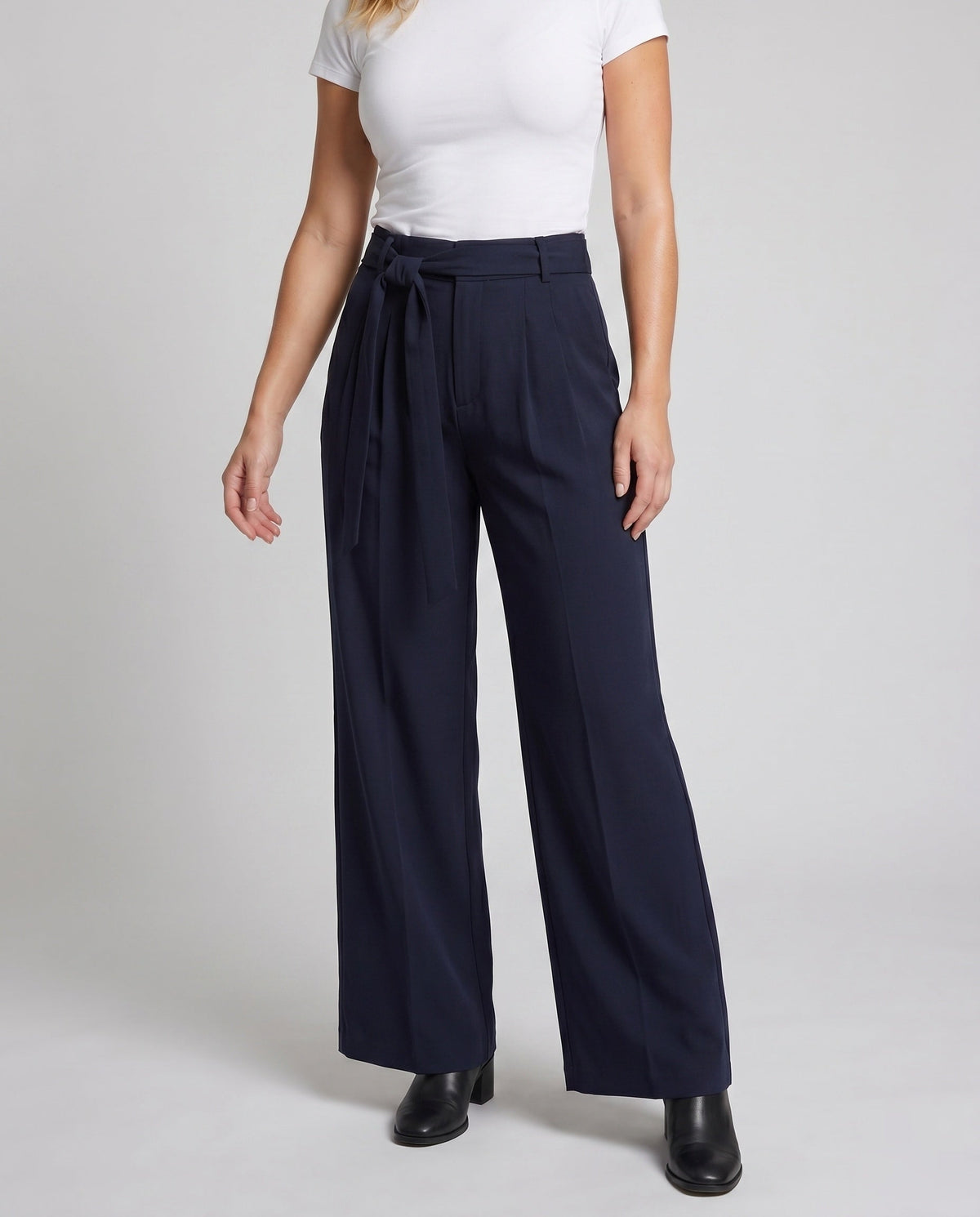 Women's Wide Palazzo Pants with Fashionable Tie Belt - Lower Body View