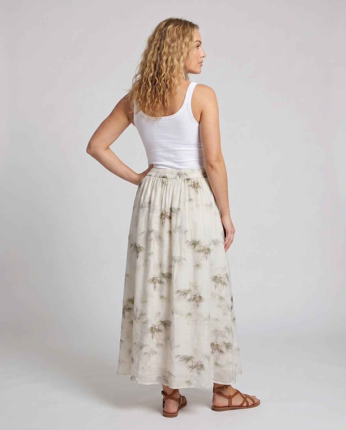 Women's Wide Summer Trousers with Floral Pattern and Elastic Waistband - Back View