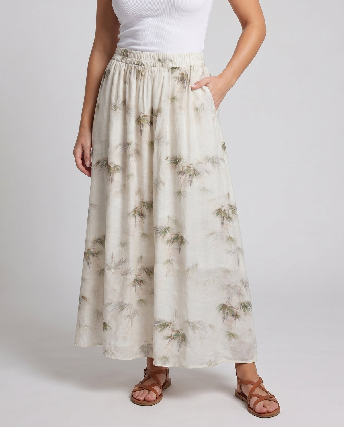 Women's Wide Summer Trousers with Floral Pattern and Elastic Waistband - Lower Body View