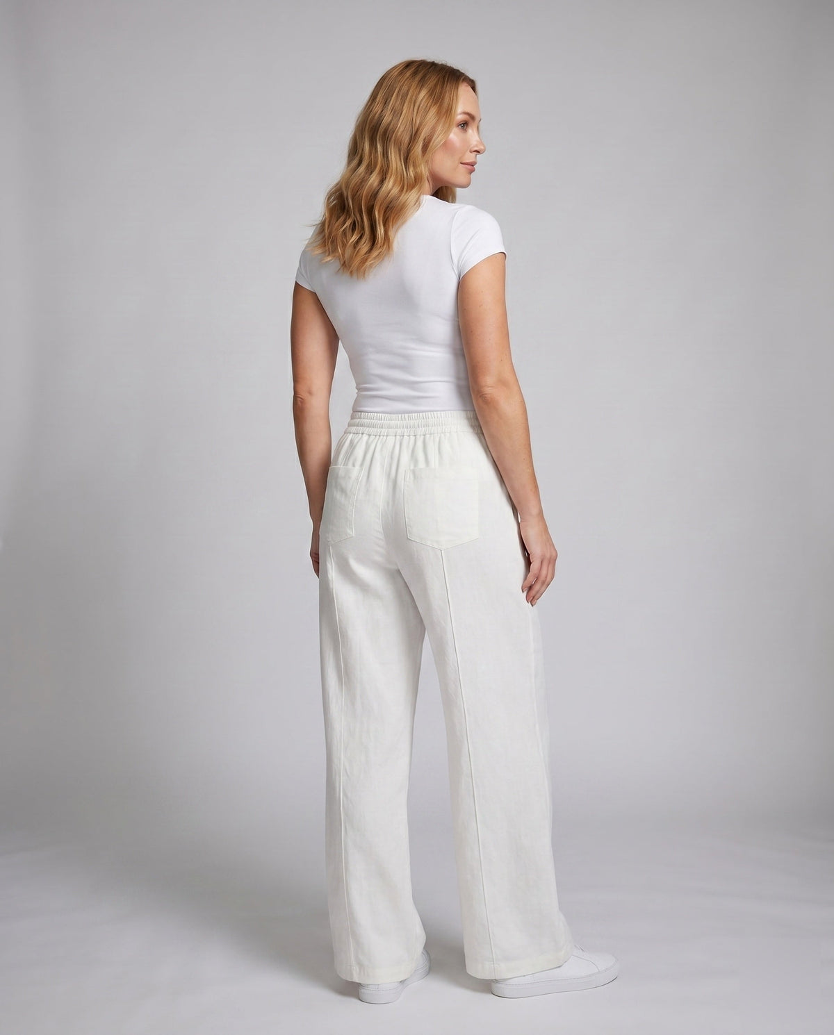 Women's Loose-Fitting Summer Trousers with Elastic Waistband - Back View
