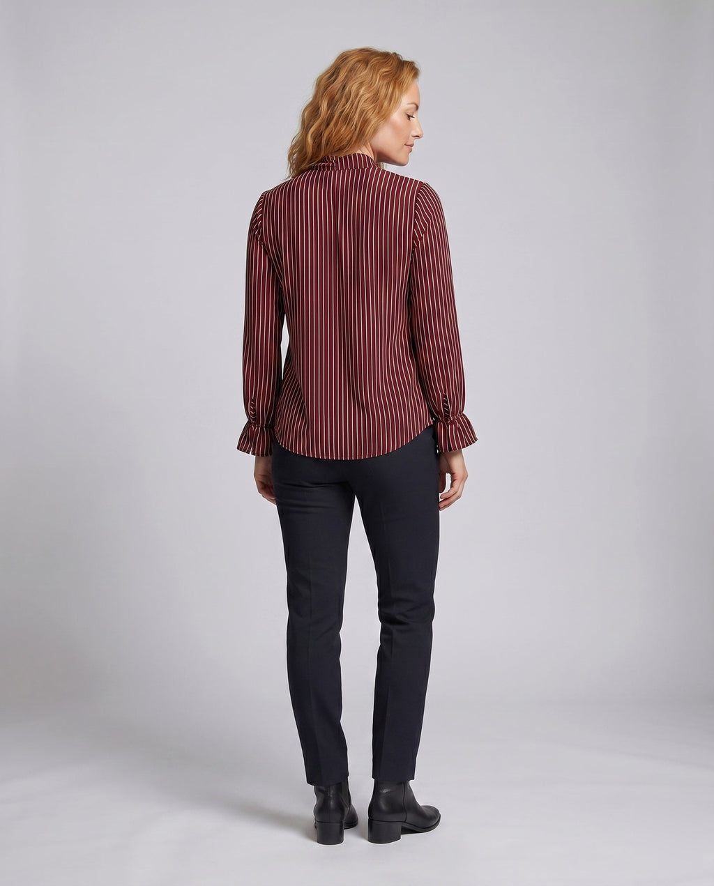 Women's Blouse Shirt with Elegant Bow and Striped Pattern - Back View