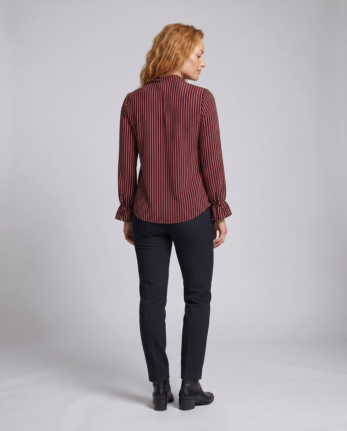 Women's Blouse Shirt with Elegant Bow and Striped Pattern - Back View