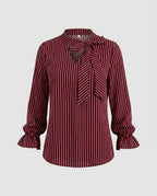 Women's Blouse Shirt with Elegant Bow and Striped Pattern