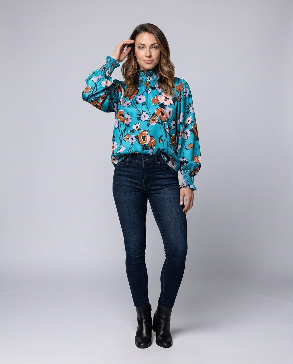 Women's Blouse Shirt with Floral Pattern and Voluminous Sleeves - Front View