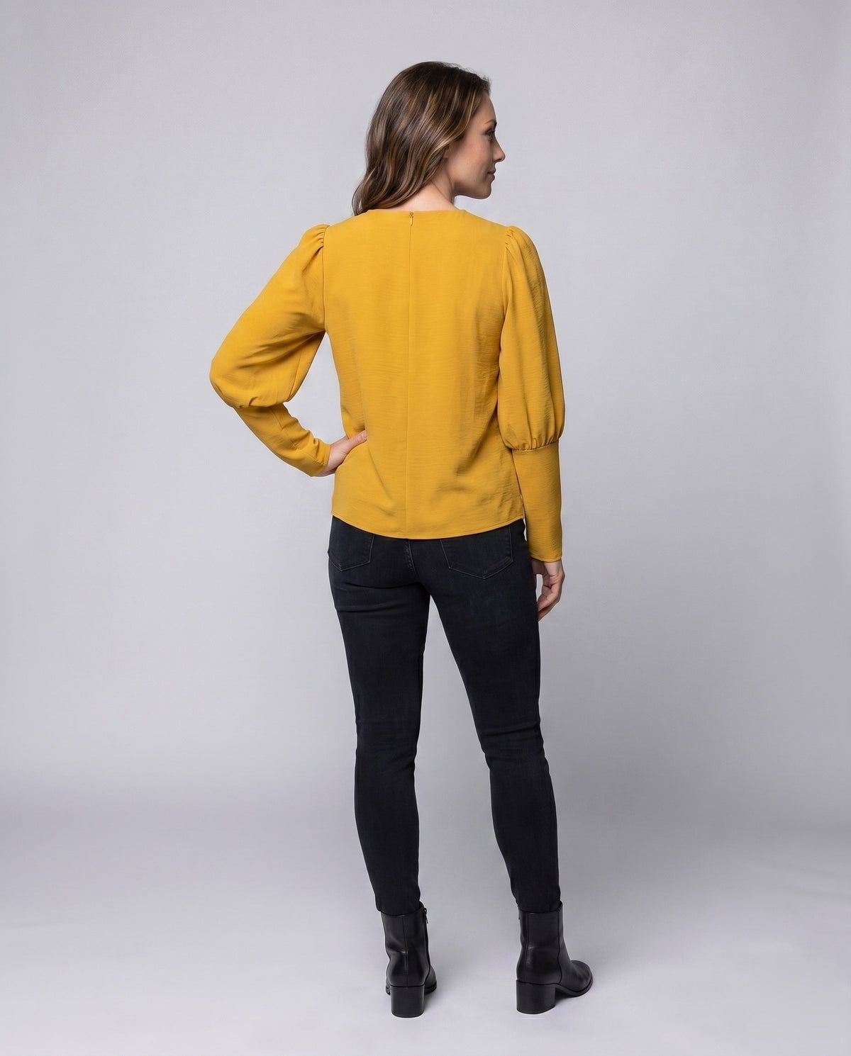 Women's Blouse Shirt with Puff Sleeves and Elegant Cut - Back View