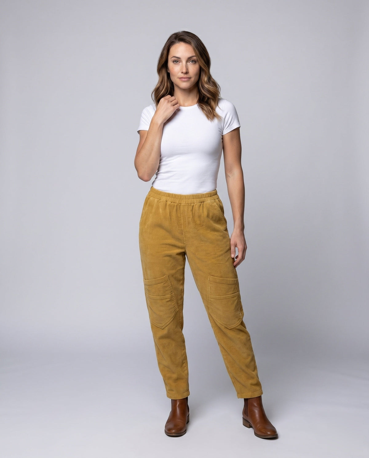 Women's Cord Harem Pants with Soft Feel and Practical Pockets - Front View