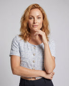 Women's Short Sleeve Blouse Shirt with Button Design, Textured Fabric - Upper Body View