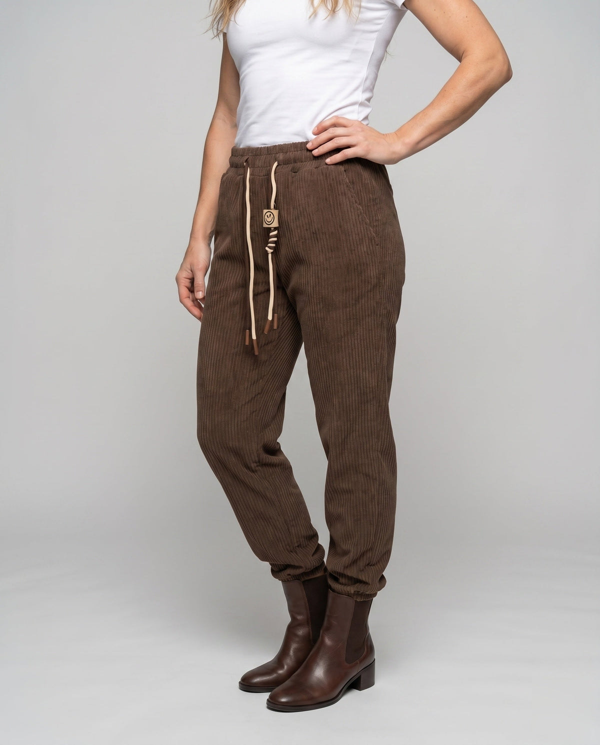 Women's Casual Ribbed Knit Pants with Elastic Waistband - Lower Body View
