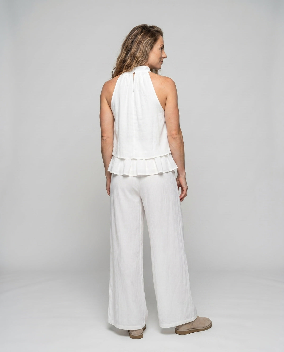 Women's Casual Two-Piece Set with Off-Shoulder Blouse and Wide Pants - Back View