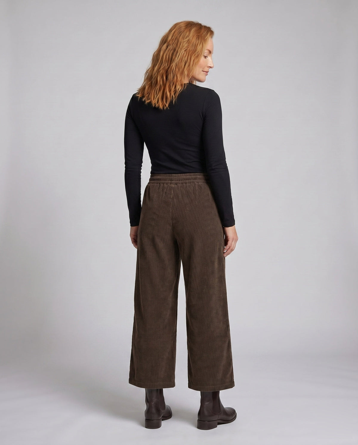 Women's Wide Corduroy Pants with a Loose Fit and Elastic Waistband - Back View