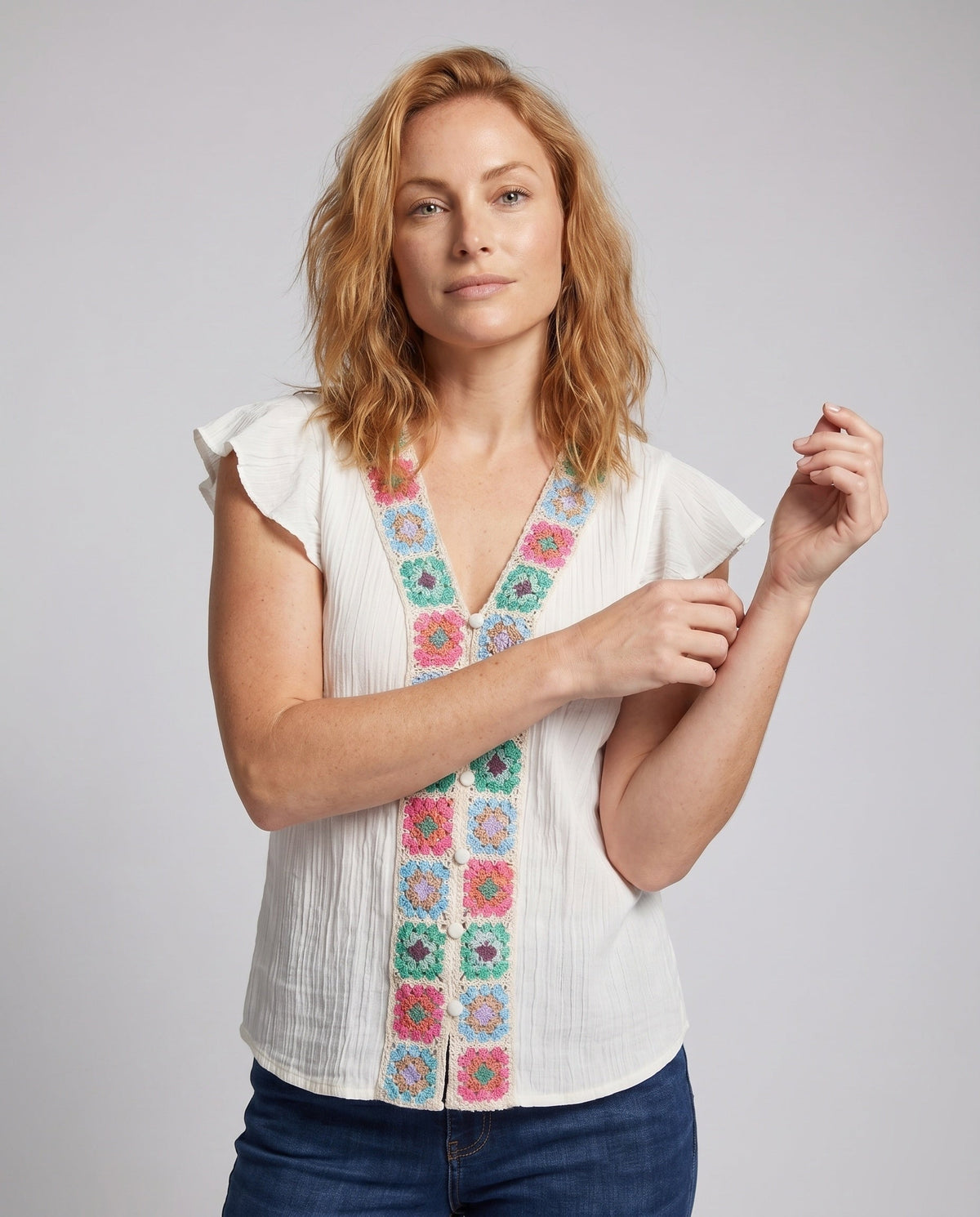 Women's Blouse Top with Colorful Embroideries and Ruffle Details - Upper Body View