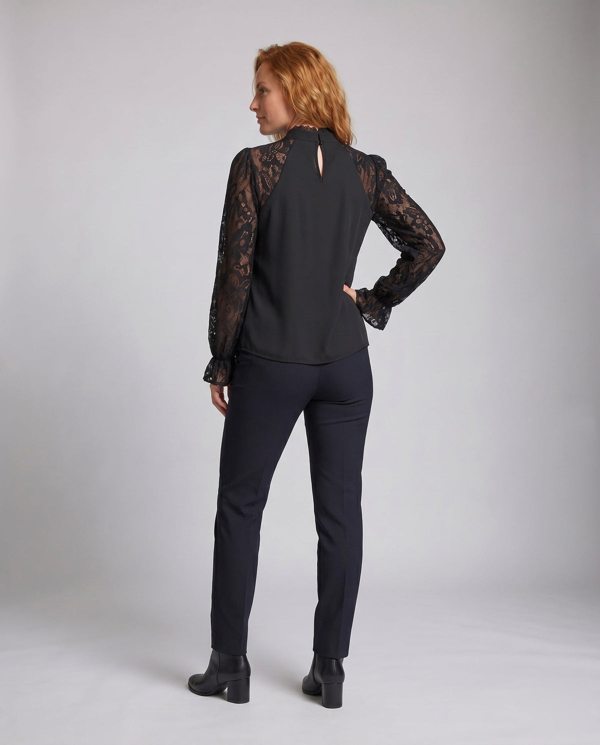 Women's Blouse Top with Sophisticated Lace Sleeves - Back View