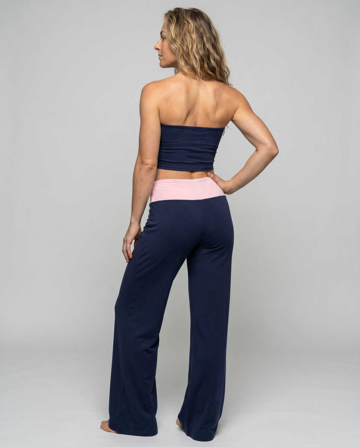 Women's Elegant Bandeau Top and Wide Leisure Pants with High Waistband - Back View