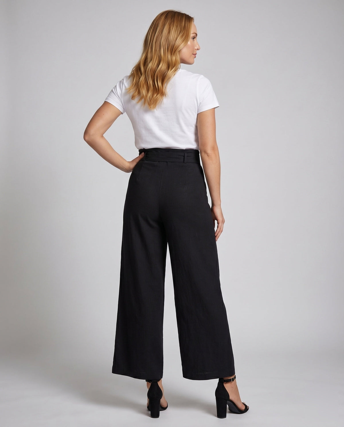 Women's High-Waisted Wide Leg Pants with Belt Loops and Pleats - Back View
