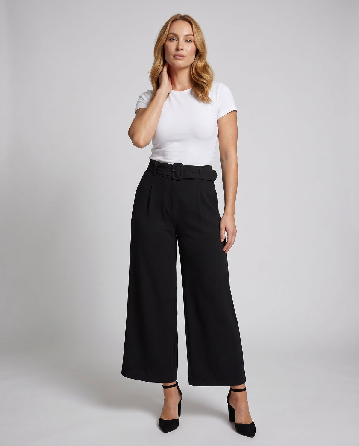 Women's High-Waisted Wide Leg Pants with Belt Loops and Pleats - Front View
