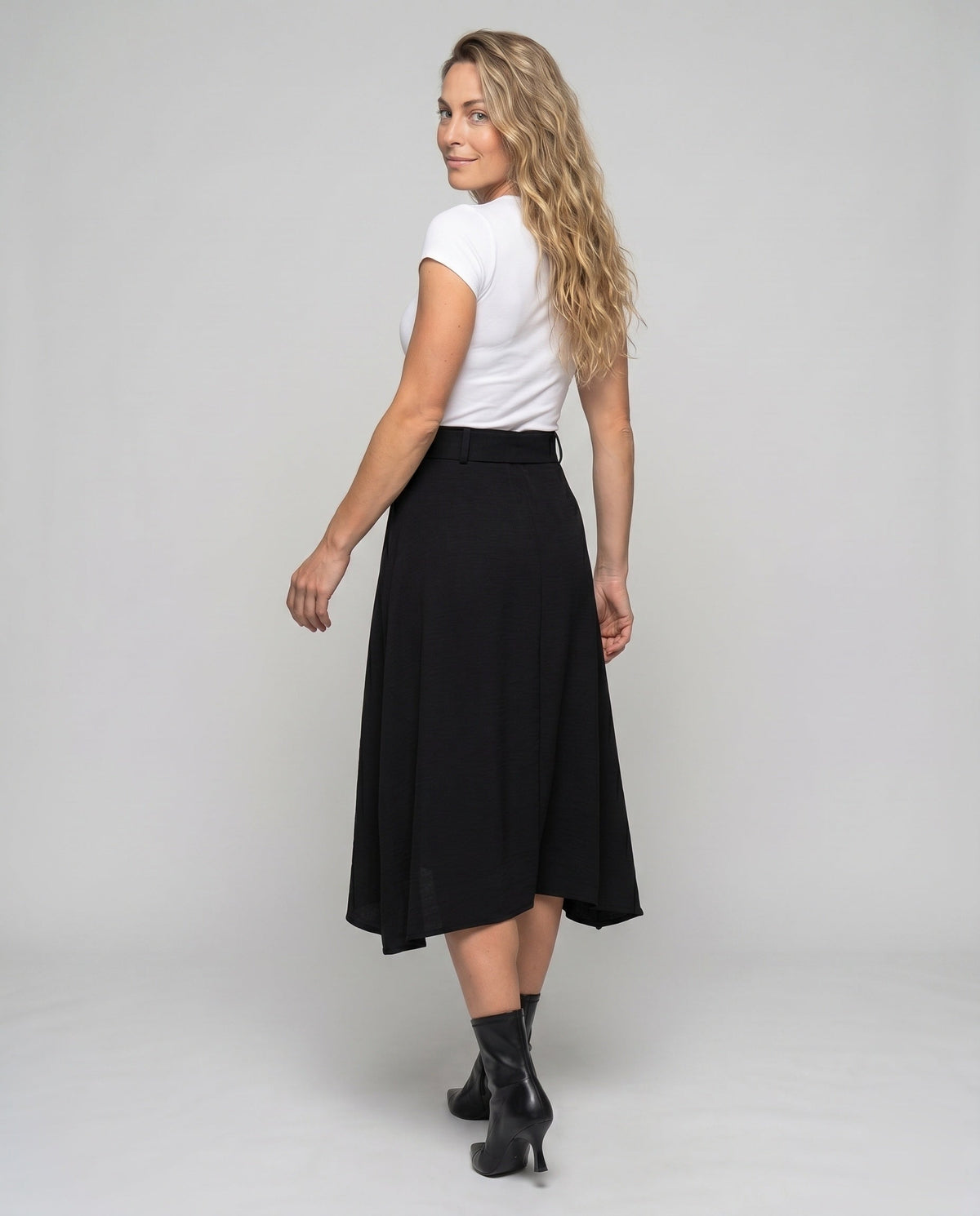 Women's Knee-Length Skirt with Side Slit and Button Details - Back View