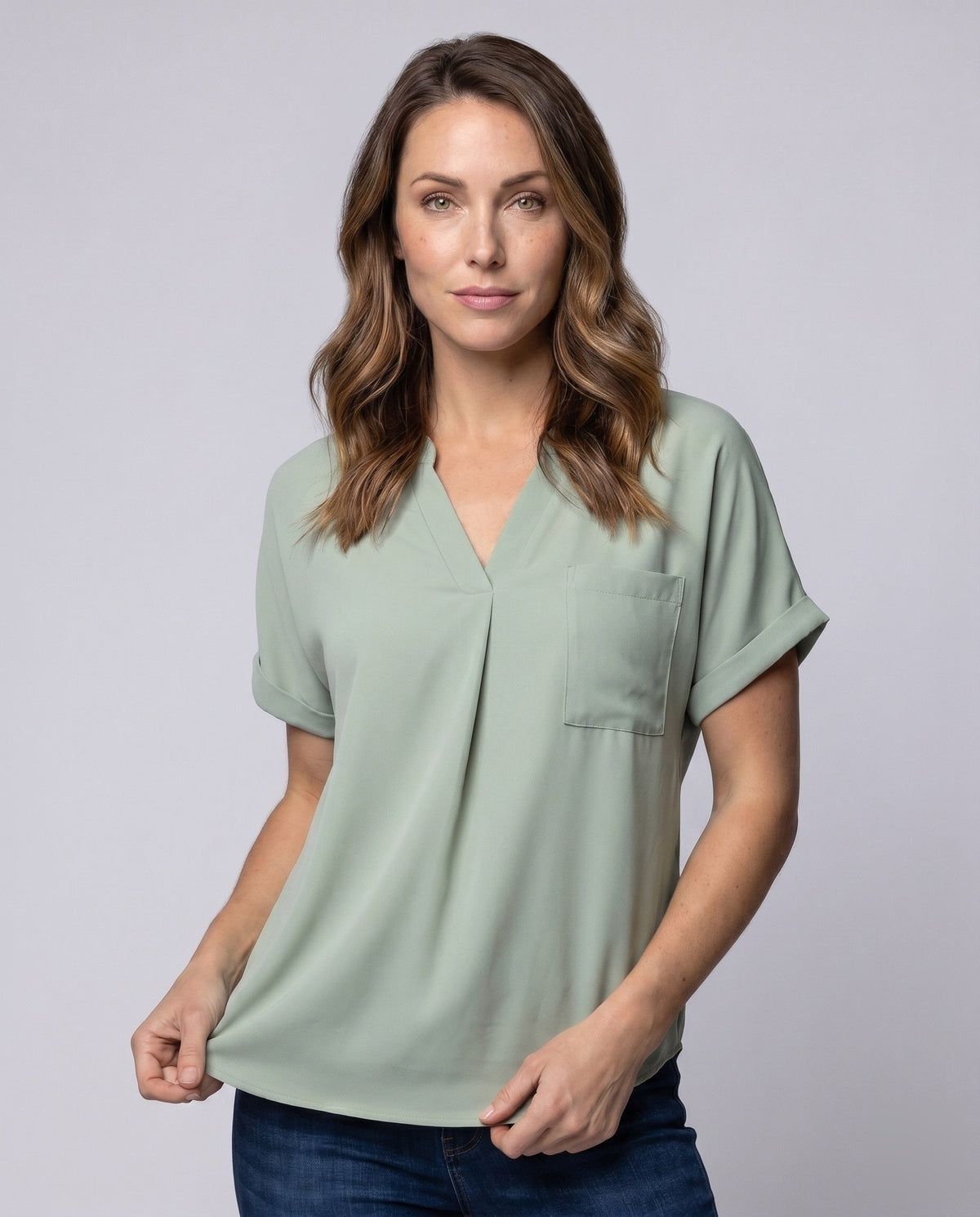 Women's Casual V-Neck Blouse Shirt with Chest Pocket - Upper Body View