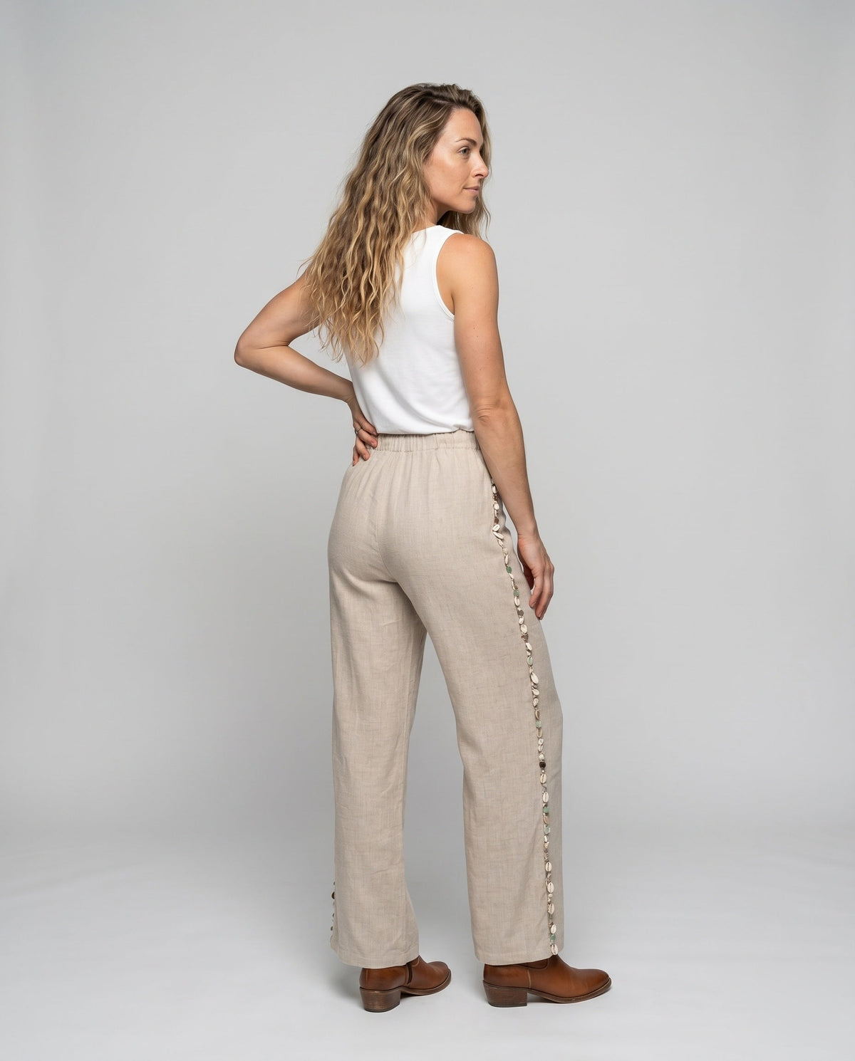 Women's Airy Linen Trousers with High Waistband and Side Ruffles - Back View