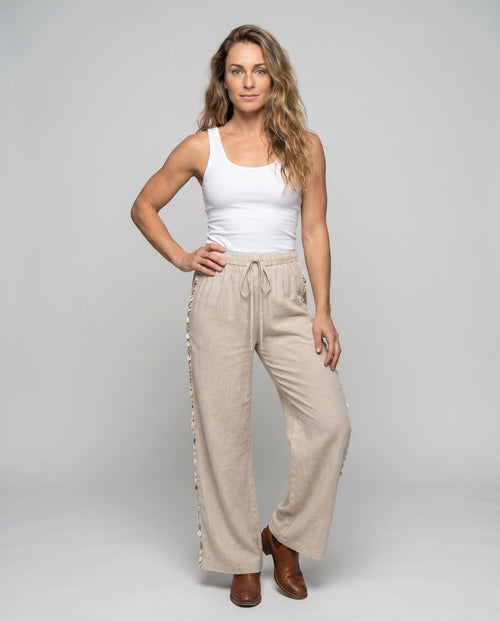 Women's Airy Linen Trousers with High Waistband and Side Ruffles - Front View
