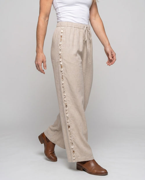 Women's Airy Linen Trousers with High Waistband and Side Ruffles - Lower Body View