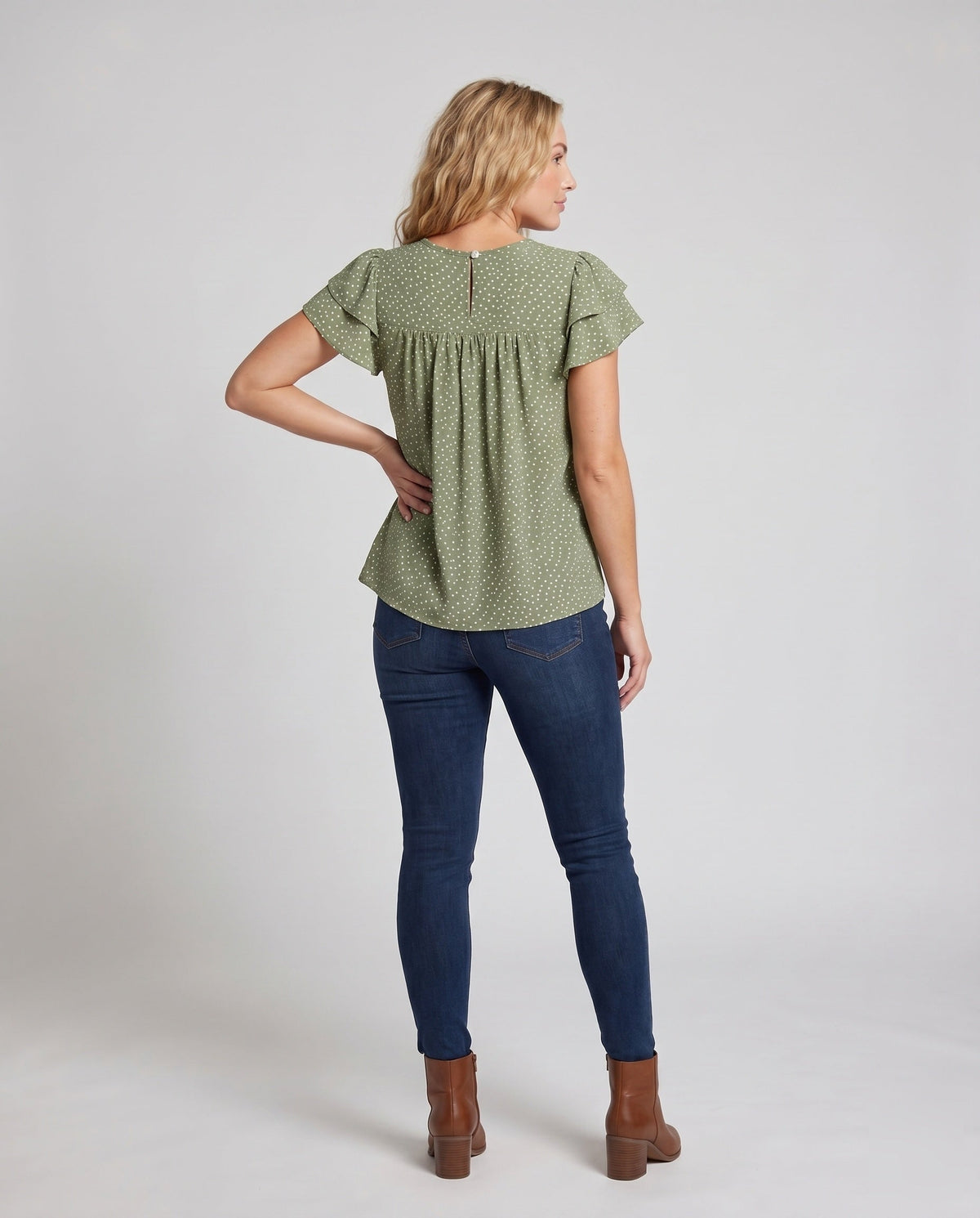 Women's Airy Blouse Shirt with Ruffle Details and Polka Dot Pattern - Back View
