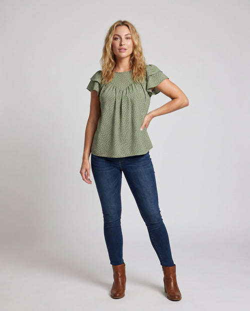 Women's Airy Blouse Shirt with Ruffle Details and Polka Dot Pattern - Front View