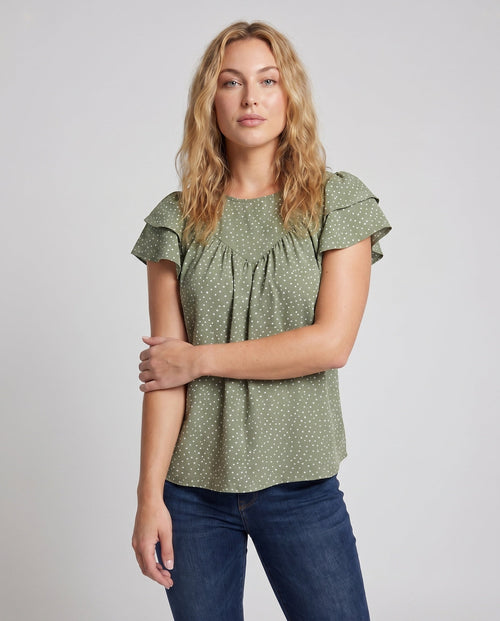 Women's Airy Blouse Shirt with Ruffle Details and Polka Dot Pattern - Upper Body View