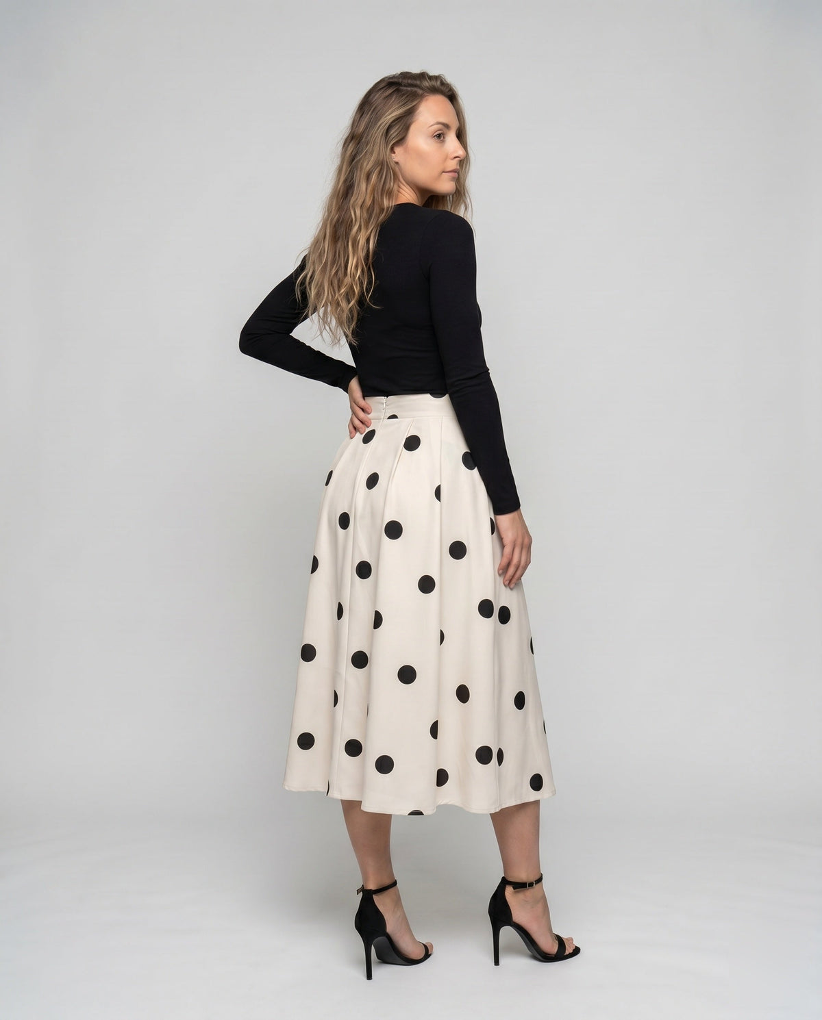 Women's Midi Skirt with Stylish Polka Dot Pattern and Waist Belt - Back View