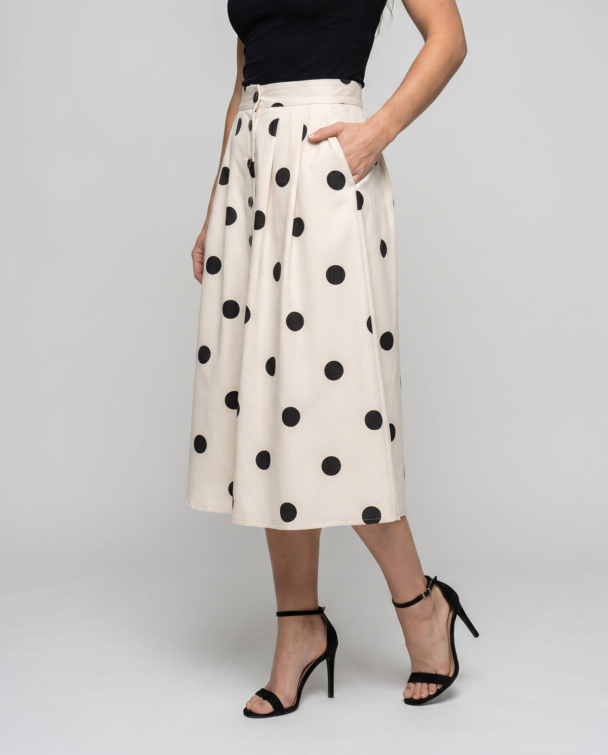 Women's Midi Skirt with Stylish Polka Dot Pattern and Waist Belt - Lower Body View